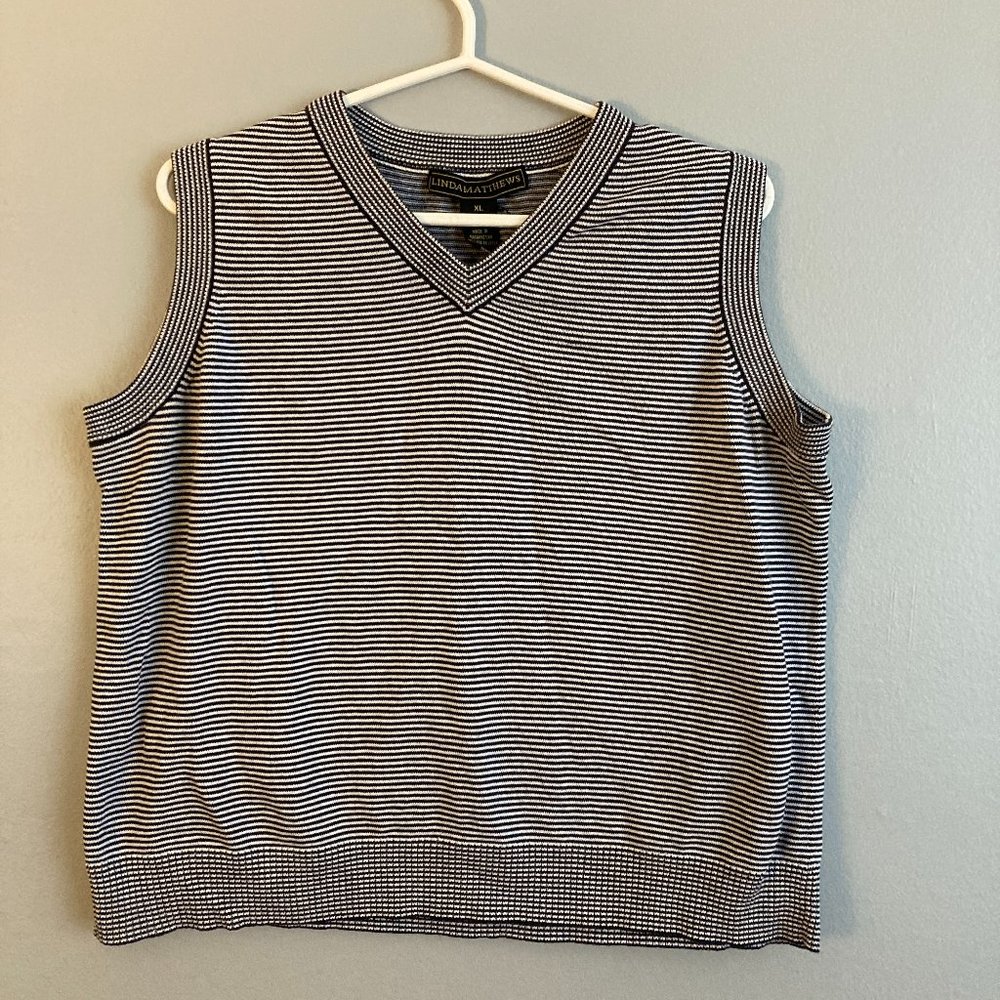 Linda Matthews Black White Vest Striped Knit Cotton Size XL